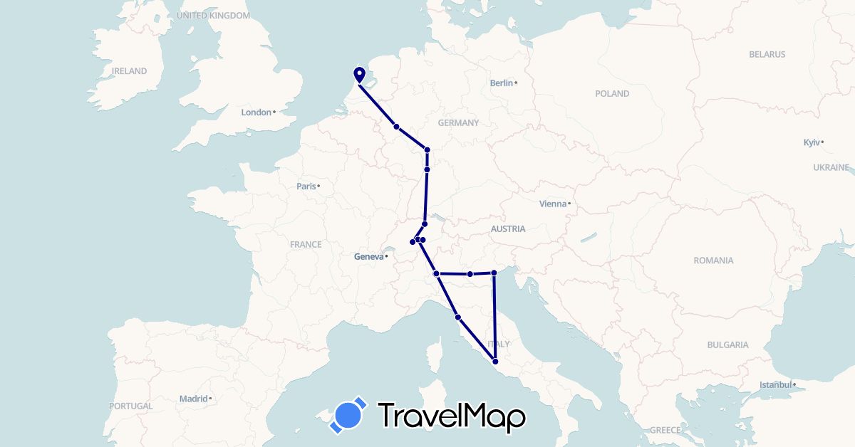 TravelMap itinerary: driving in Switzerland, Germany, Italy, Netherlands (Europe)