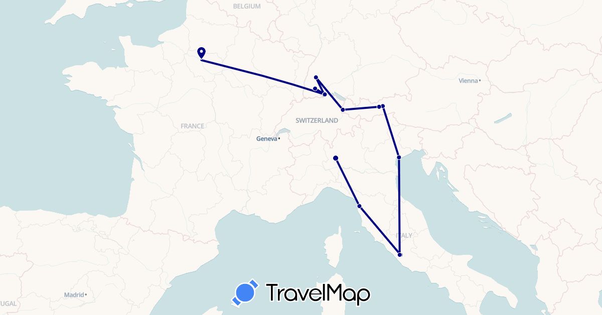 TravelMap itinerary: driving in Austria, Switzerland, Germany, France, Italy, Liechtenstein, Vatican City (Europe)